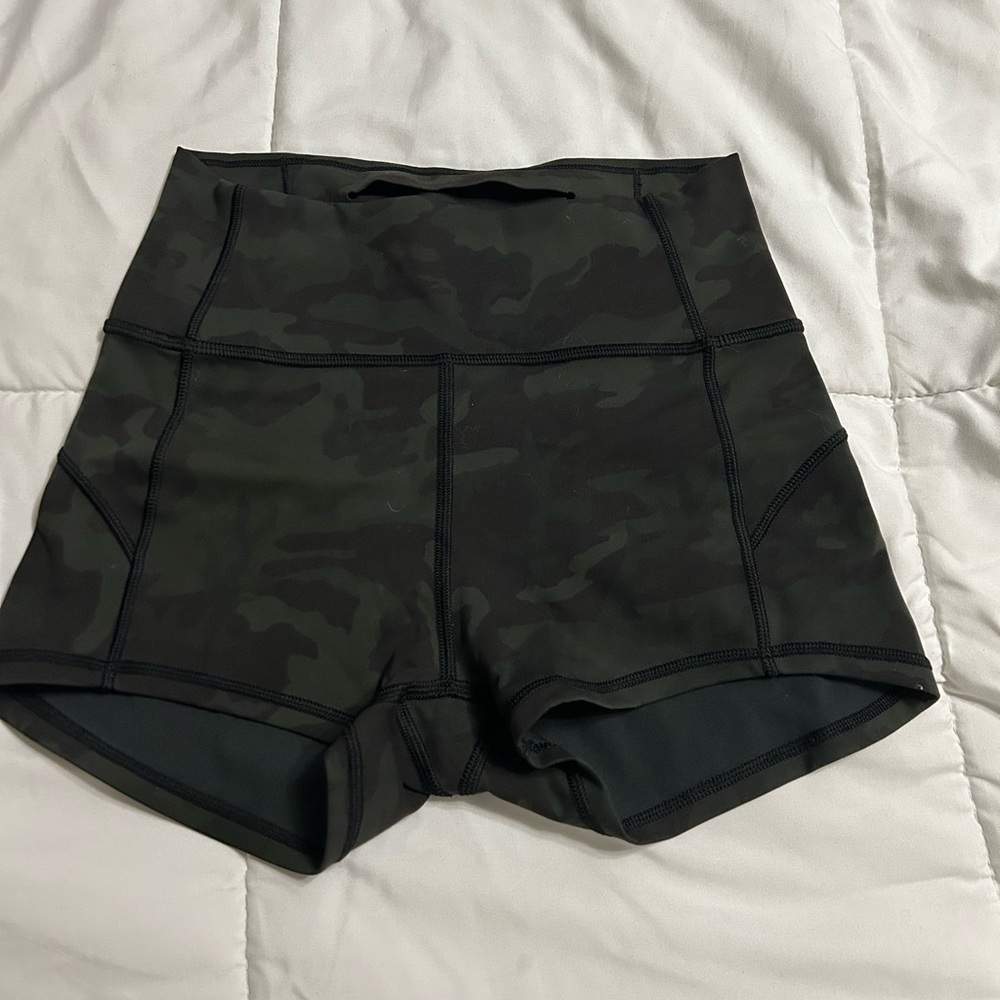 lululemon In Movement Short  Everlux Dark Green Camo Bike Shorts